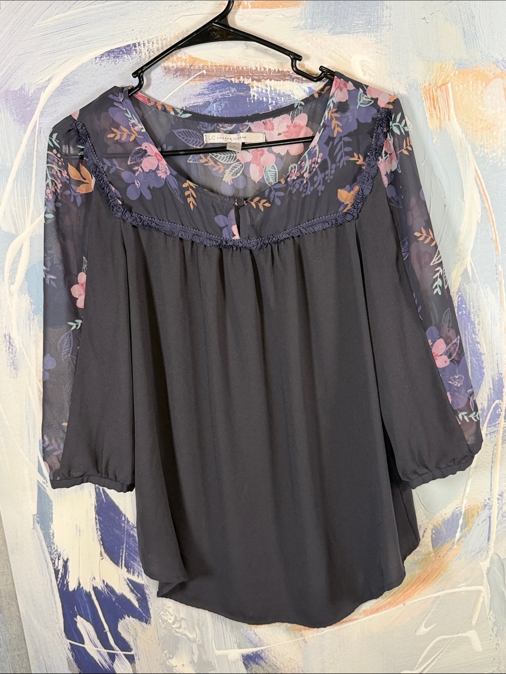 Lauren Conrad Dark Plum Purple Floral Blouse Ruffle Boho Long Sleeve M